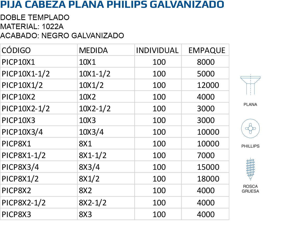 Pija cabeza plana Philips galvanizado