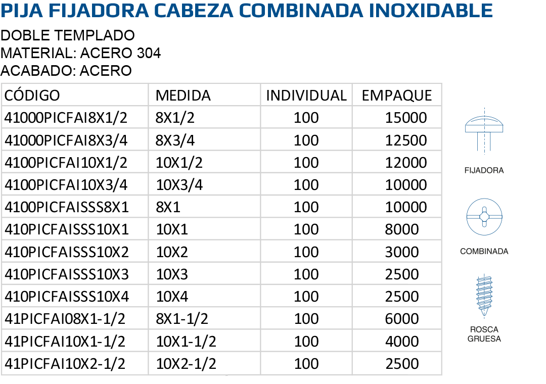 Pija fijadora cabeza combinada inoxidable